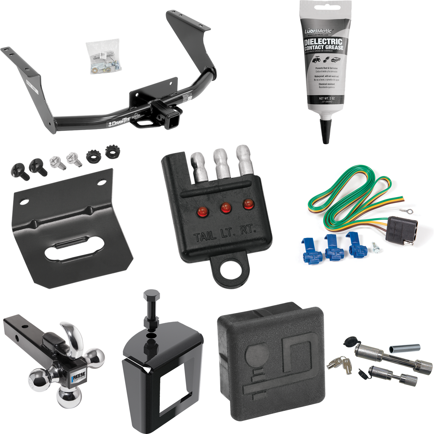 Fits 2011-2018 RAM 1500 Trailer Hitch Tow PKG w/ 4-Flat Wiring Harness + Triple Ball Ball Mount 1-7/8" & 2" & 2-5/16" Trailer Balls w/ Tow Hook + Dual Hitch & Coupler Locks + Hitch Cover + Wiring Bracket + Wiring Tester + Electric Grease + Anti Rattl