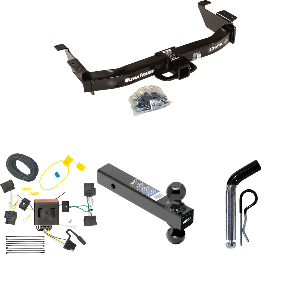 Fits 2009-2012 Ford E-250 Econoline Trailer Hitch Tow PKG w/ 4-Flat Wiring Harness + Dual Ball Ball Mount 2" & 2-5/16" Trailer Balls + Pin/Clip (For (Prepped Class II Tow Package) Models) By Draw-Tite