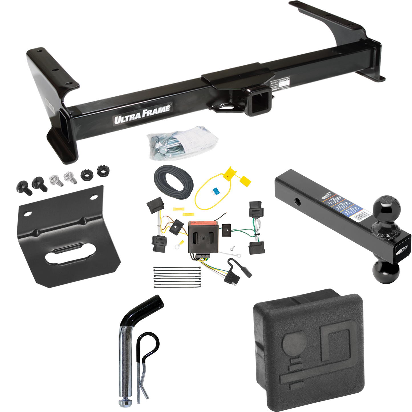 Fits 2009-2012 Ford E-150 Econoline Trailer Hitch Tow PKG w/ 4-Flat Wiring Harness + Dual Ball Ball Mount 2" & 2-5/16" Trailer Balls + Pin/Clip + Hitch Cover + Wiring Bracket (For (Prepped Class II Tow Package) Models) By Draw-Tite