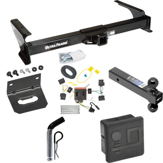 Fits 2009-2012 Ford E-150 Econoline Trailer Hitch Tow PKG w/ 4-Flat Wiring Harness + Dual Ball Ball Mount 2" & 2-5/16" Trailer Balls + Pin/Clip + Hitch Cover + Wiring Bracket (For (Prepped Class II Tow Package) Models) By Draw-Tite