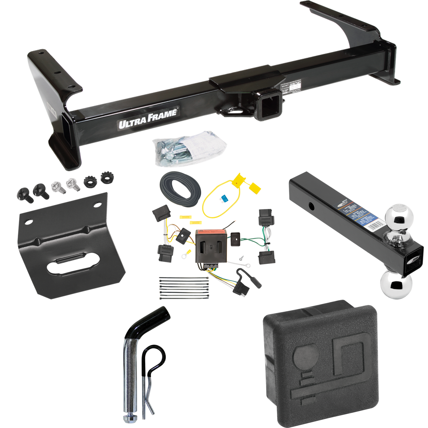 Fits 2008-2014 Ford E-350 Econoline Super Duty Trailer Hitch Tow PKG w/ 4-Flat Wiring Harness + Dual Ball Ball Mount 2" & 2-5/16" Trailer Balls + Pin/Clip + Hitch Cover + Wiring Bracket By Draw-Tite