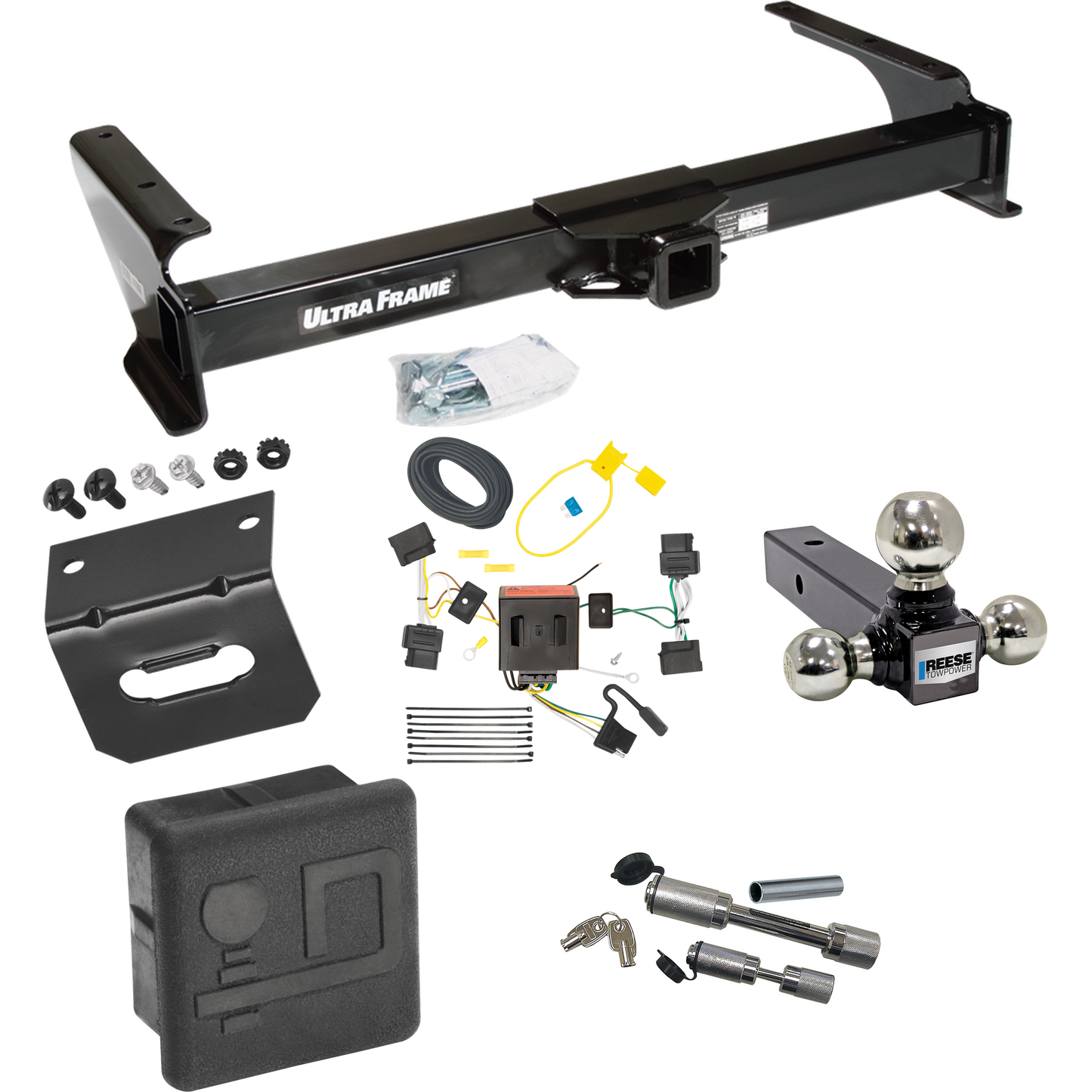 Fits 2008-2014 Ford E-250 Econoline Trailer Hitch Tow PKG w/ 4-Flat Wiring Harness + Triple Ball Ball Mount 1-7/8" & 2" & 2-5/16" Trailer Balls + Dual Hitch & Coupler Locks + Hitch Cover + Wiring Bracket By Draw-Tite