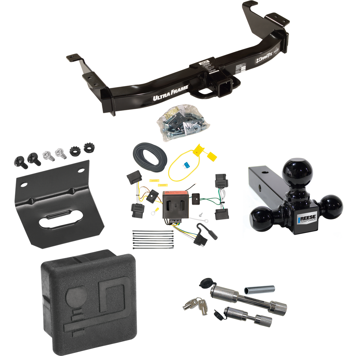 Fits 2008-2014 Ford E-250 Econoline Trailer Hitch Tow PKG w/ 4-Flat Wiring Harness + Triple Ball Ball Mount 1-7/8" & 2" & 2-5/16" Trailer Balls + Dual Hitch & Coupler Locks + Hitch Cover + Wiring Bracket By Draw-Tite