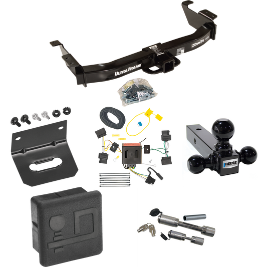 Fits 2008-2014 Ford E-250 Econoline Trailer Hitch Tow PKG w/ 4-Flat Wiring Harness + Triple Ball Ball Mount 1-7/8" & 2" & 2-5/16" Trailer Balls + Dual Hitch & Coupler Locks + Hitch Cover + Wiring Bracket By Draw-Tite