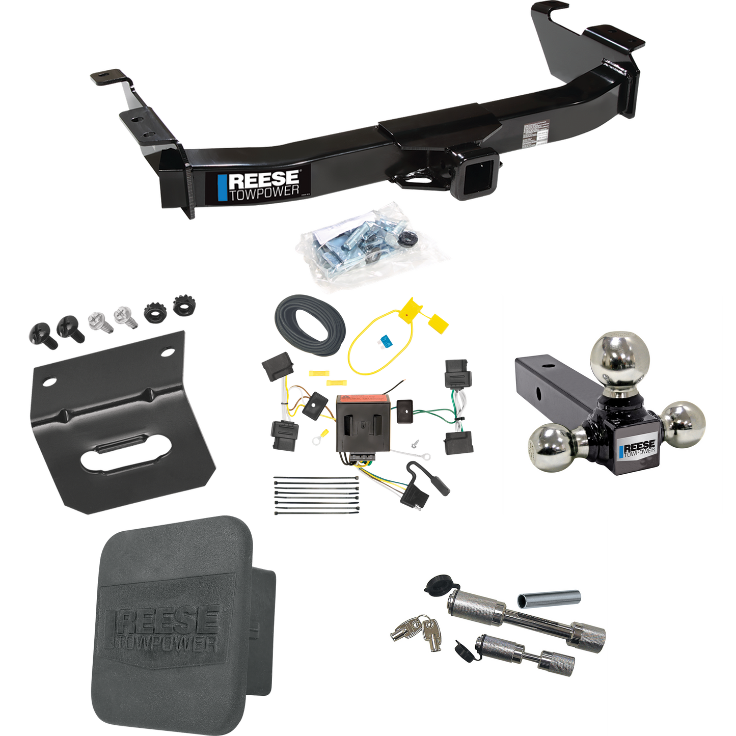 Fits 2008-2014 Ford E-350 Econoline Super Duty Trailer Hitch Tow PKG w/ 4-Flat Wiring Harness + Triple Ball Ball Mount 1-7/8" & 2" & 2-5/16" Trailer Balls + Dual Hitch & Coupler Locks + Hitch Cover + Wiring Bracket By Reese Towpower