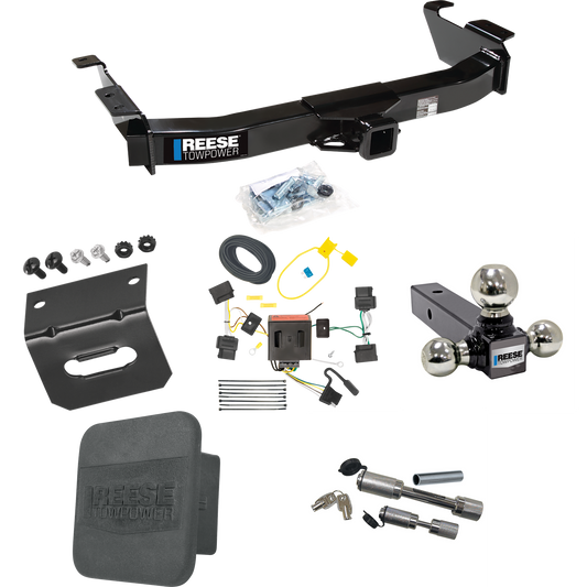 Fits 2008-2014 Ford E-350 Econoline Super Duty Trailer Hitch Tow PKG w/ 4-Flat Wiring Harness + Triple Ball Ball Mount 1-7/8" & 2" & 2-5/16" Trailer Balls + Dual Hitch & Coupler Locks + Hitch Cover + Wiring Bracket By Reese Towpower