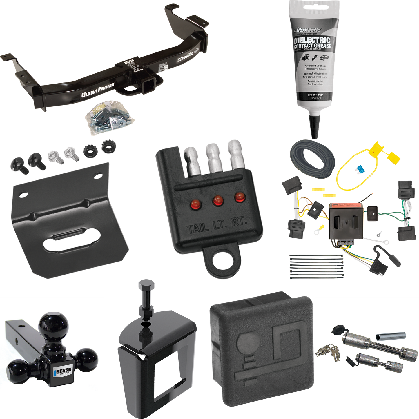 Fits 2009-2012 Ford E-350 Econoline Super Duty Trailer Hitch Tow PKG w/ 4-Flat Wiring Harness + Triple Ball Ball Mount 1-7/8" & 2" & 2-5/16" Trailer Balls + Dual Hitch & Coupler Locks + Hitch Cover + Wiring Bracket + Wiring Tester + Electric Grease +