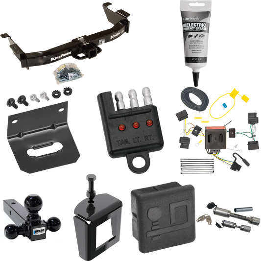 Fits 2009-2012 Ford E-350 Econoline Super Duty Trailer Hitch Tow PKG w/ 4-Flat Wiring Harness + Triple Ball Ball Mount 1-7/8" & 2" & 2-5/16" Trailer Balls + Dual Hitch & Coupler Locks + Hitch Cover + Wiring Bracket + Wiring Tester + Electric Grease +