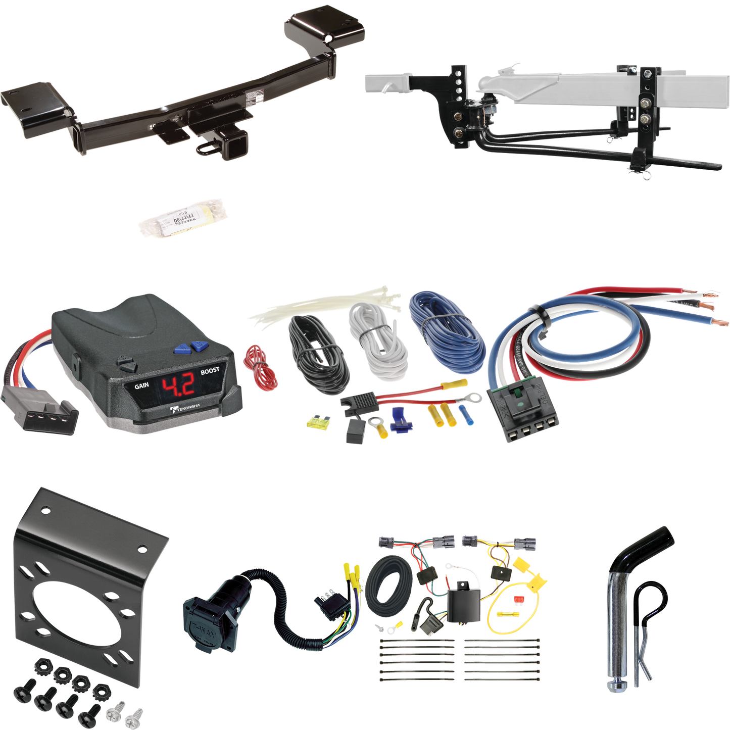 Fits 2010-2015 Hyundai Tucson Trailer Hitch Tow PKG w/ 6K Round Bar Weight Distribution Hitch w/ 2-5/16" Ball + Pin/Clip + Tekonsha BRAKE-EVN Brake Control + Generic BC Wiring Adapter + 7-Way RV Wiring By Draw-Tite