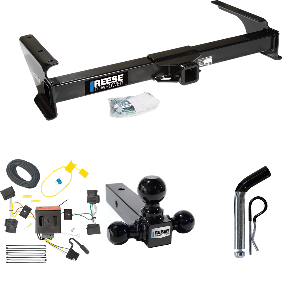 Fits 2009-2012 Ford E-150 Econoline Trailer Hitch Tow PKG w/ 4-Flat Wiring Harness + Triple Ball Ball Mount 1-7/8" & 2" & 2-5/16" Trailer Balls + Pin/Clip (For (Prepped Class II Tow Package) Models) By Reese Towpower