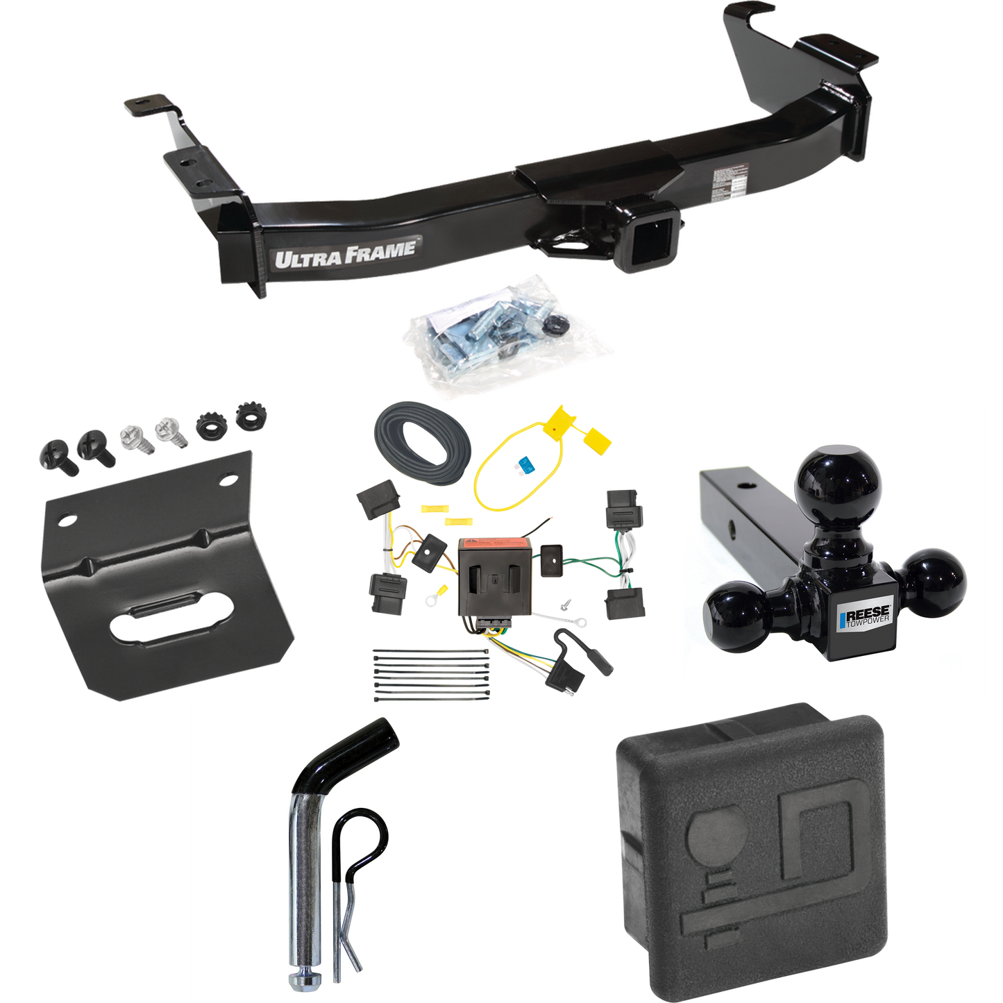 Fits 2009-2012 Ford E-150 Econoline Trailer Hitch Tow PKG w/ 4-Flat Wiring Harness + Triple Ball Ball Mount 1-7/8" & 2" & 2-5/16" Trailer Balls + Pin/Clip + Hitch Cover + Wiring Bracket (For (Prepped Class II Tow Package) Models) By Draw-Tite