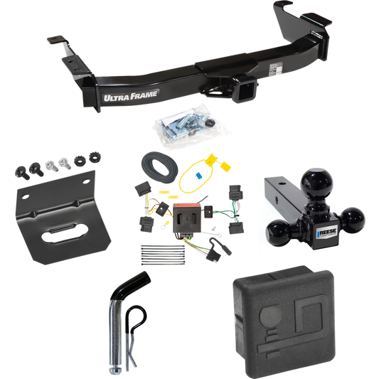 Fits 2009-2012 Ford E-150 Econoline Trailer Hitch Tow PKG w/ 4-Flat Wiring Harness + Triple Ball Ball Mount 1-7/8" & 2" & 2-5/16" Trailer Balls + Pin/Clip + Hitch Cover + Wiring Bracket (For (Prepped Class II Tow Package) Models) By Draw-Tite