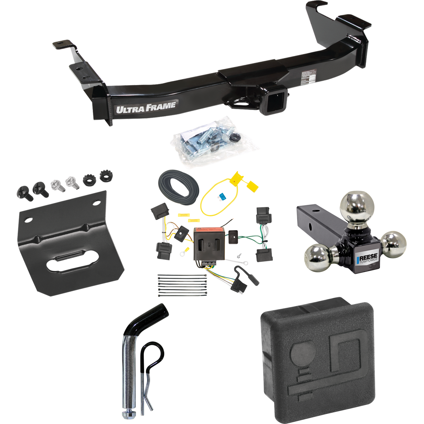 Fits 2009-2012 Ford E-150 Econoline Trailer Hitch Tow PKG w/ 4-Flat Wiring Harness + Triple Ball Ball Mount 1-7/8" & 2" & 2-5/16" Trailer Balls + Pin/Clip + Hitch Cover + Wiring Bracket (For (Prepped Class II Tow Package) Models) By Draw-Tite