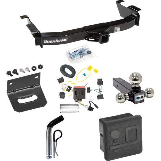 Fits 2009-2012 Ford E-150 Econoline Trailer Hitch Tow PKG w/ 4-Flat Wiring Harness + Triple Ball Ball Mount 1-7/8" & 2" & 2-5/16" Trailer Balls + Pin/Clip + Hitch Cover + Wiring Bracket (For (Prepped Class II Tow Package) Models) By Draw-Tite