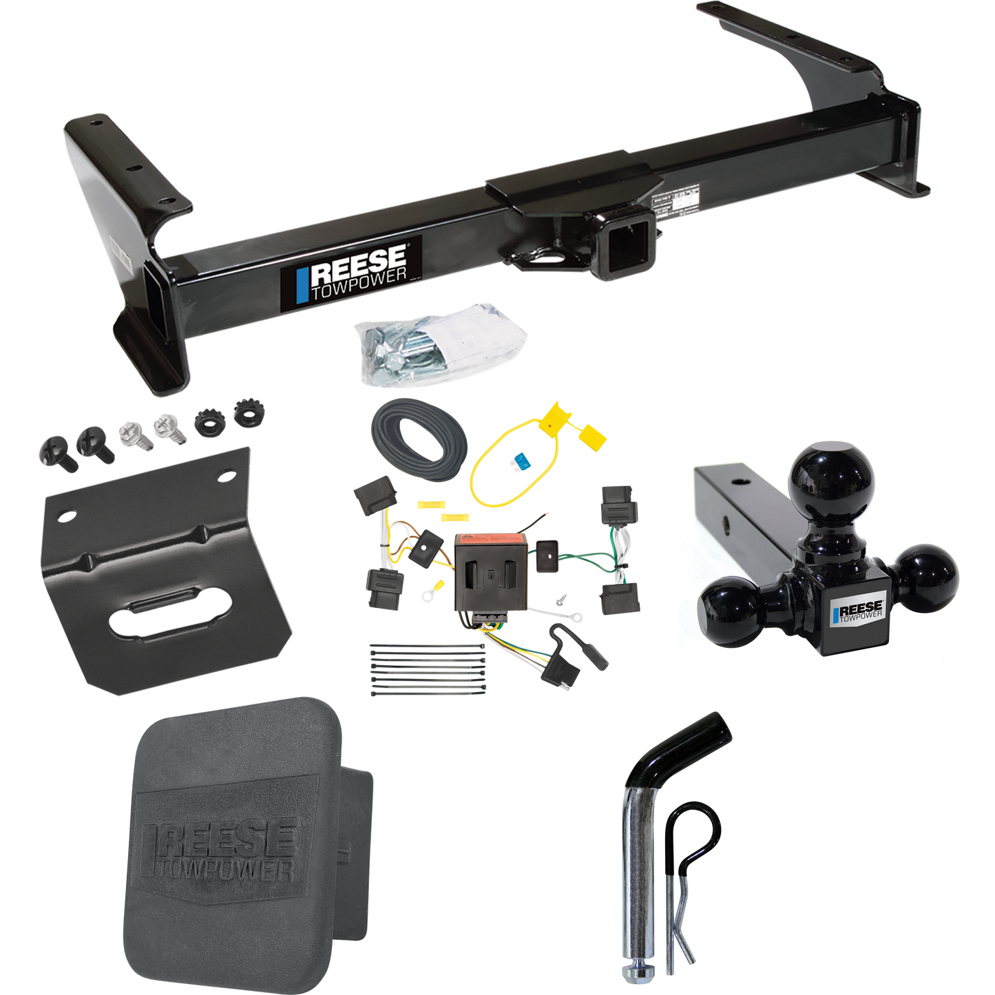 Fits 2009-2012 Ford E-350 Econoline Super Duty Trailer Hitch Tow PKG w/ 4-Flat Wiring Harness + Triple Ball Ball Mount 1-7/8" & 2" & 2-5/16" Trailer Balls + Pin/Clip + Hitch Cover + Wiring Bracket (For (Prepped Class II Tow Package) Models) By Reese