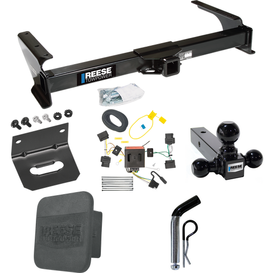 Fits 2009-2012 Ford E-350 Econoline Super Duty Trailer Hitch Tow PKG w/ 4-Flat Wiring Harness + Triple Ball Ball Mount 1-7/8" & 2" & 2-5/16" Trailer Balls + Pin/Clip + Hitch Cover + Wiring Bracket (For (Prepped Class II Tow Package) Models) By Reese