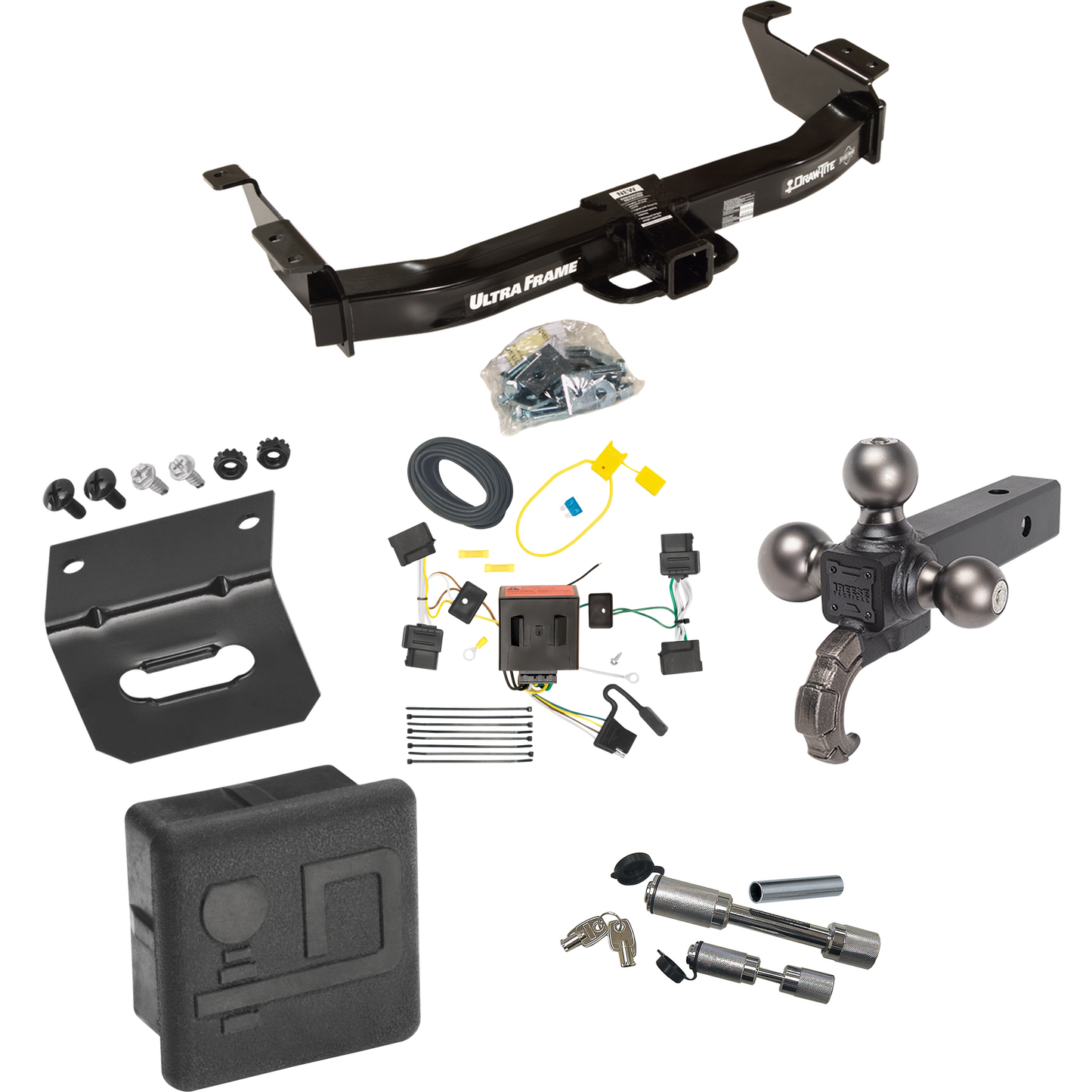 Fits 2009-2012 Ford E-150 Econoline Trailer Hitch Tow PKG w/ 4-Flat Wiring Harness + Triple Ball Ball Mount 1-7/8" & 2" & 2-5/16" Trailer Balls w/ Tow Hook + Dual Hitch & Coupler Locks + Hitch Cover + Wiring Bracket (For (Prepped Class II Tow Package