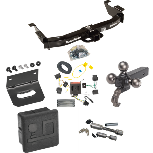 Fits 2009-2012 Ford E-150 Econoline Trailer Hitch Tow PKG w/ 4-Flat Wiring Harness + Triple Ball Ball Mount 1-7/8" & 2" & 2-5/16" Trailer Balls w/ Tow Hook + Dual Hitch & Coupler Locks + Hitch Cover + Wiring Bracket (For (Prepped Class II Tow Package