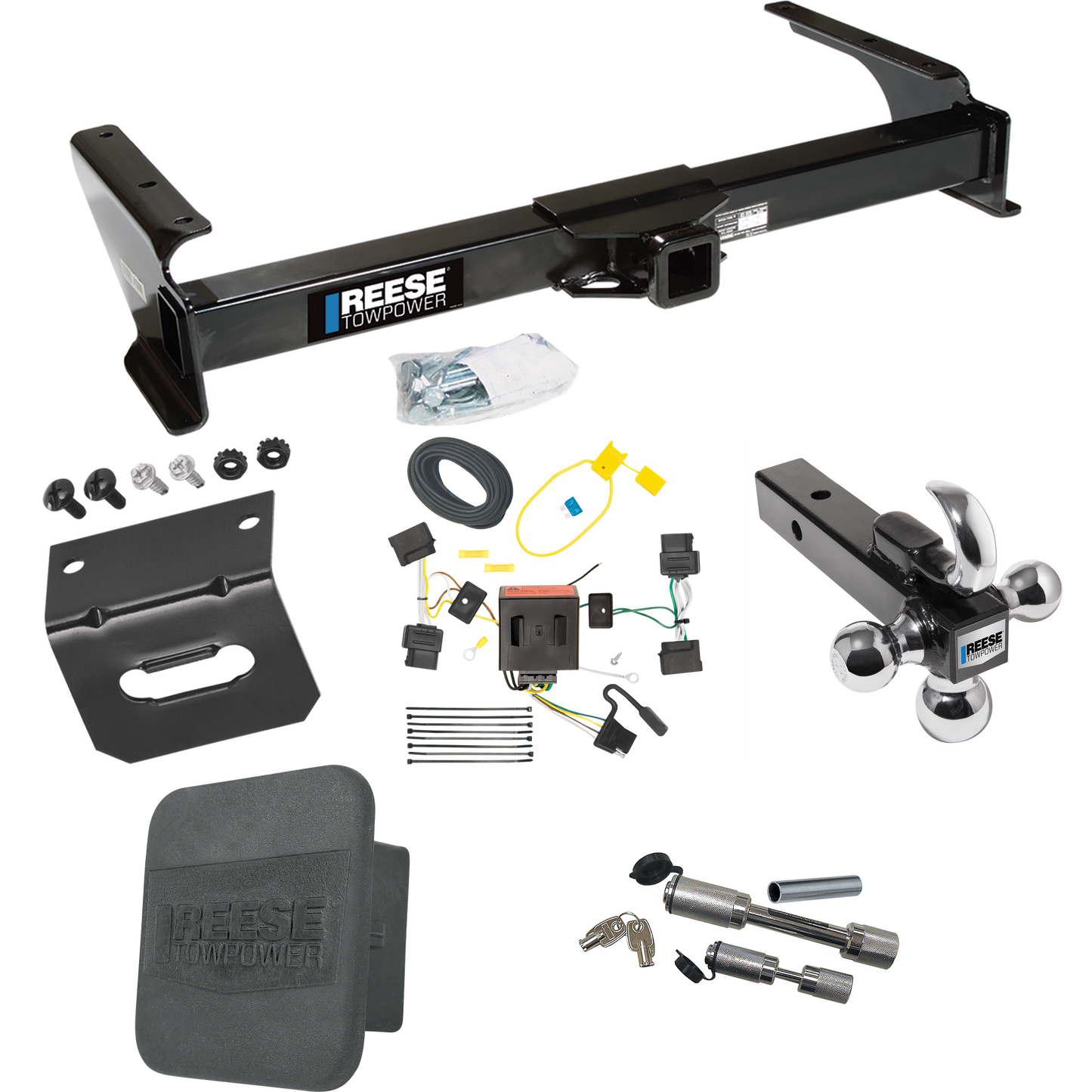 Fits 2008-2014 Ford E-350 Econoline Super Duty Trailer Hitch Tow PKG w/ 4-Flat Wiring Harness + Triple Ball Ball Mount 1-7/8" & 2" & 2-5/16" Trailer Balls w/ Tow Hook + Dual Hitch & Coupler Locks + Hitch Cover + Wiring Bracket By Reese Towpower