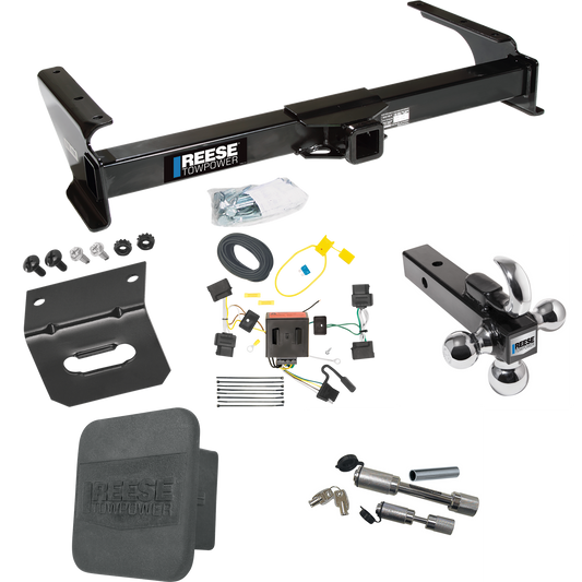 Fits 2008-2014 Ford E-350 Econoline Super Duty Trailer Hitch Tow PKG w/ 4-Flat Wiring Harness + Triple Ball Ball Mount 1-7/8" & 2" & 2-5/16" Trailer Balls w/ Tow Hook + Dual Hitch & Coupler Locks + Hitch Cover + Wiring Bracket By Reese Towpower