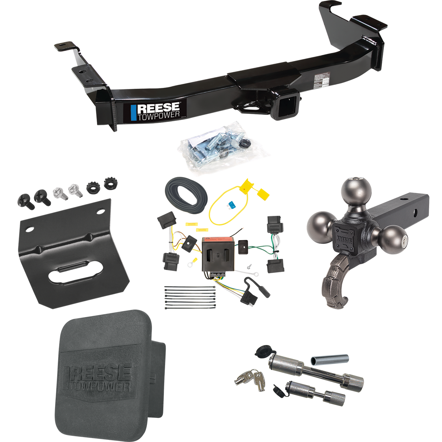 Fits 2008-2014 Ford E-250 Econoline Trailer Hitch Tow PKG w/ 4-Flat Wiring Harness + Triple Ball Ball Mount 1-7/8" & 2" & 2-5/16" Trailer Balls w/ Tow Hook + Dual Hitch & Coupler Locks + Hitch Cover + Wiring Bracket By Reese Towpower