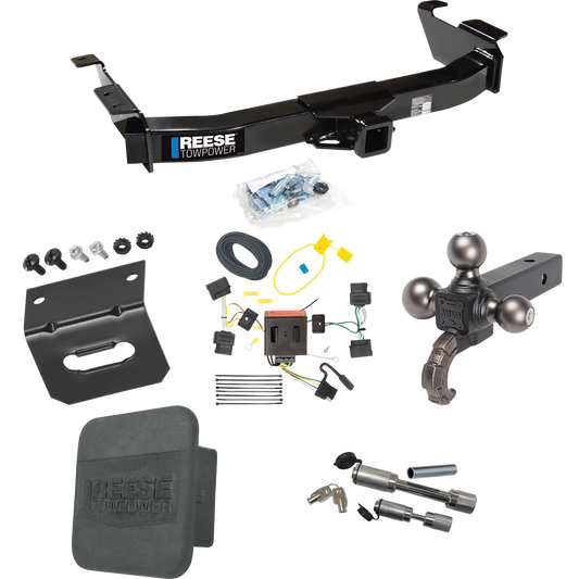 Fits 2008-2014 Ford E-250 Econoline Trailer Hitch Tow PKG w/ 4-Flat Wiring Harness + Triple Ball Ball Mount 1-7/8" & 2" & 2-5/16" Trailer Balls w/ Tow Hook + Dual Hitch & Coupler Locks + Hitch Cover + Wiring Bracket By Reese Towpower