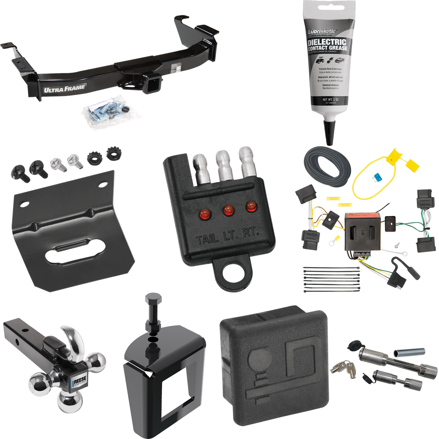 Fits 2009-2012 Ford E-350 Econoline Super Duty Trailer Hitch Tow PKG w/ 4-Flat Wiring Harness + Triple Ball Ball Mount 1-7/8" & 2" & 2-5/16" Trailer Balls w/ Tow Hook + Dual Hitch & Coupler Locks + Hitch Cover + Wiring Bracket + Wiring Tester + Elect