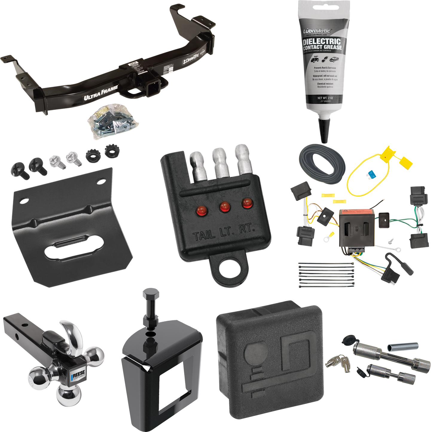 Fits 2009-2012 Ford E-150 Econoline Trailer Hitch Tow PKG w/ 4-Flat Wiring Harness + Triple Ball Ball Mount 1-7/8" & 2" & 2-5/16" Trailer Balls w/ Tow Hook + Dual Hitch & Coupler Locks + Hitch Cover + Wiring Bracket + Wiring Tester + Electric Grease