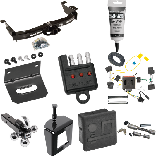 Fits 2009-2012 Ford E-150 Econoline Trailer Hitch Tow PKG w/ 4-Flat Wiring Harness + Triple Ball Ball Mount 1-7/8" & 2" & 2-5/16" Trailer Balls w/ Tow Hook + Dual Hitch & Coupler Locks + Hitch Cover + Wiring Bracket + Wiring Tester + Electric Grease