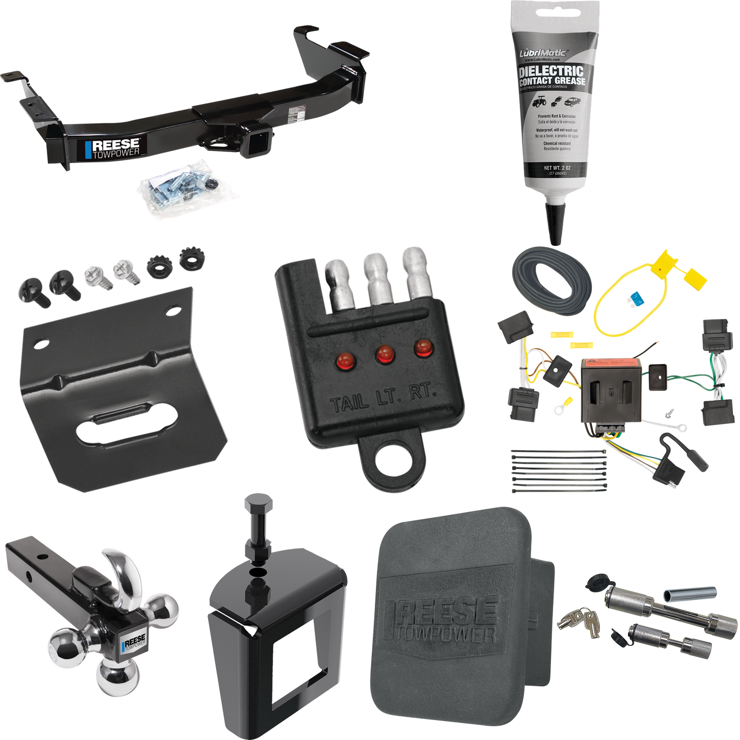 Fits 2009-2012 Ford E-350 Econoline Super Duty Trailer Hitch Tow PKG w/ 4-Flat Wiring Harness + Triple Ball Ball Mount 1-7/8" & 2" & 2-5/16" Trailer Balls w/ Tow Hook + Dual Hitch & Coupler Locks + Hitch Cover + Wiring Bracket + Wiring Tester + Elect