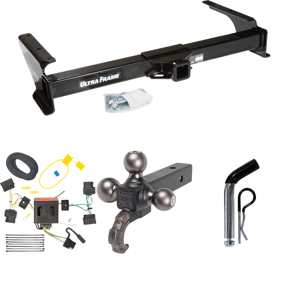 Fits 2008-2014 Ford E-250 Econoline Trailer Hitch Tow PKG w/ 4-Flat Wiring Harness + Triple Ball Ball Mount 1-7/8" & 2" & 2-5/16" Trailer Balls w/ Tow Hook + Pin/Clip By Draw-Tite