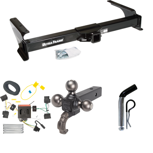 Fits 2008-2014 Ford E-250 Econoline Trailer Hitch Tow PKG w/ 4-Flat Wiring Harness + Triple Ball Ball Mount 1-7/8" & 2" & 2-5/16" Trailer Balls w/ Tow Hook + Pin/Clip By Draw-Tite