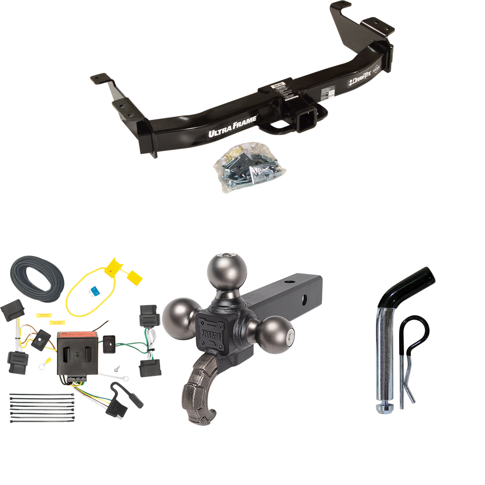 Fits 2008-2014 Ford E-250 Econoline Trailer Hitch Tow PKG w/ 4-Flat Wiring Harness + Triple Ball Ball Mount 1-7/8" & 2" & 2-5/16" Trailer Balls w/ Tow Hook + Pin/Clip By Draw-Tite