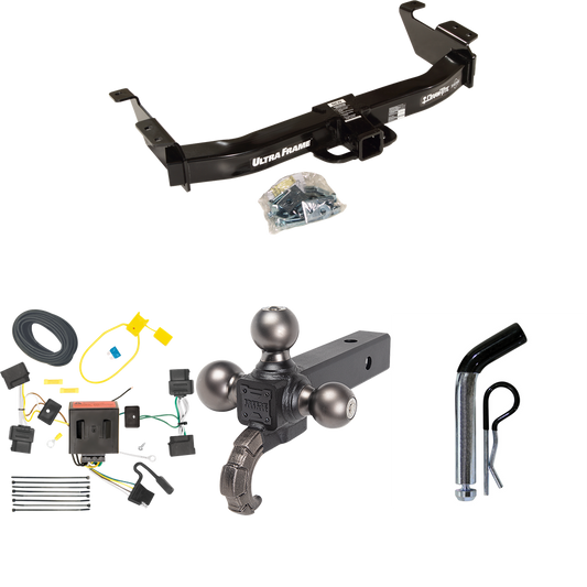 Fits 2008-2014 Ford E-250 Econoline Trailer Hitch Tow PKG w/ 4-Flat Wiring Harness + Triple Ball Ball Mount 1-7/8" & 2" & 2-5/16" Trailer Balls w/ Tow Hook + Pin/Clip By Draw-Tite