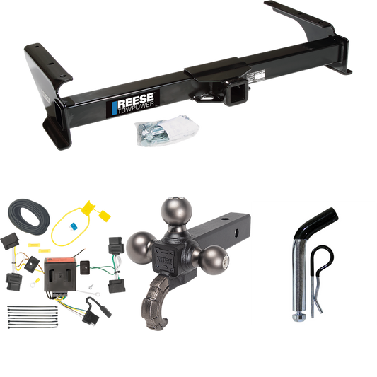 Fits 2009-2012 Ford E-350 Econoline Super Duty Trailer Hitch Tow PKG w/ 4-Flat Wiring Harness + Triple Ball Ball Mount 1-7/8" & 2" & 2-5/16" Trailer Balls w/ Tow Hook + Pin/Clip (For (Prepped Class II Tow Package) Models) By Reese Towpower