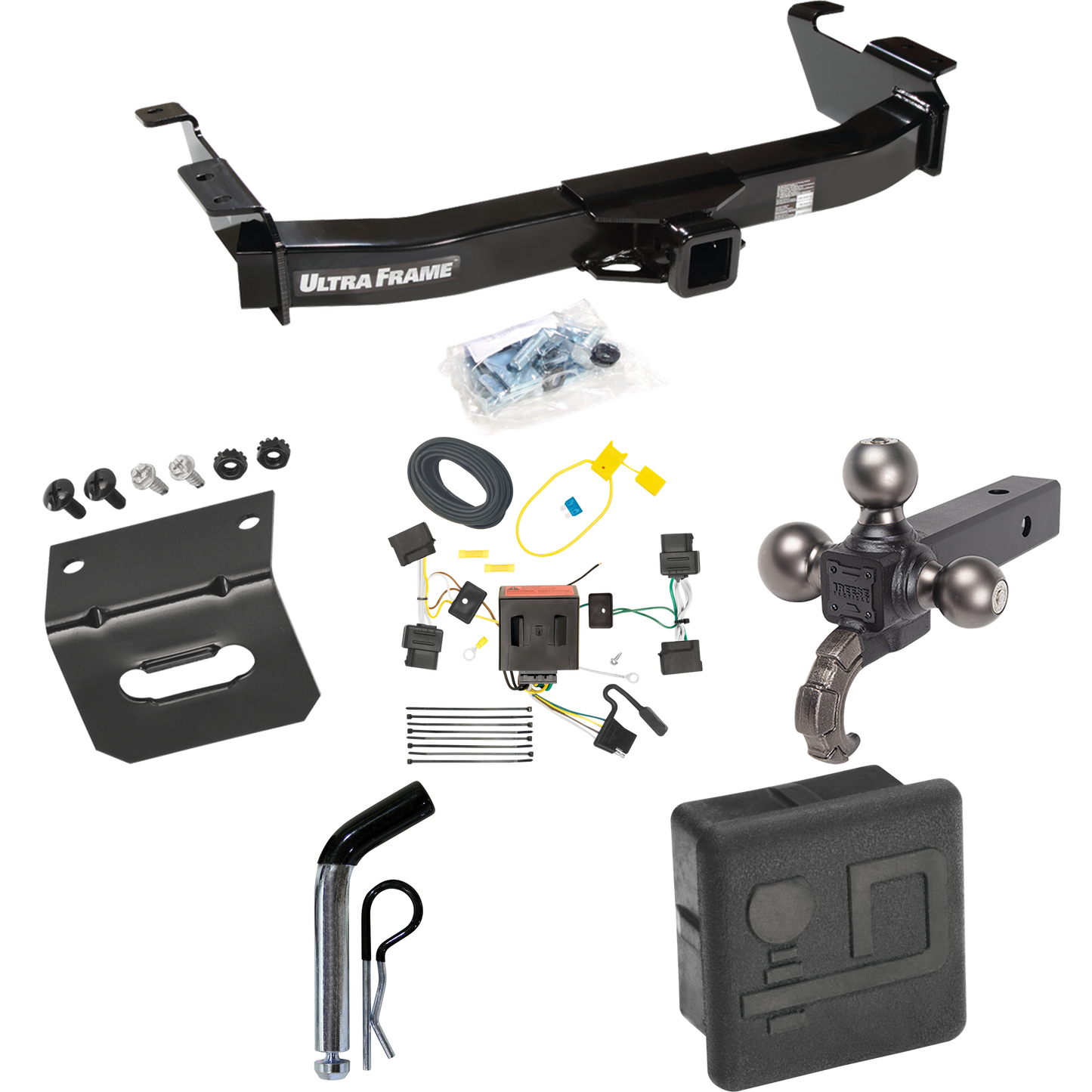 Fits 2008-2014 Ford E-250 Econoline Trailer Hitch Tow PKG w/ 4-Flat Wiring Harness + Triple Ball Ball Mount 1-7/8" & 2" & 2-5/16" Trailer Balls w/ Tow Hook + Pin/Clip + Hitch Cover + Wiring Bracket By Draw-Tite