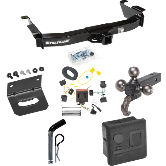 Fits 2008-2014 Ford E-250 Econoline Trailer Hitch Tow PKG w/ 4-Flat Wiring Harness + Triple Ball Ball Mount 1-7/8" & 2" & 2-5/16" Trailer Balls w/ Tow Hook + Pin/Clip + Hitch Cover + Wiring Bracket By Draw-Tite