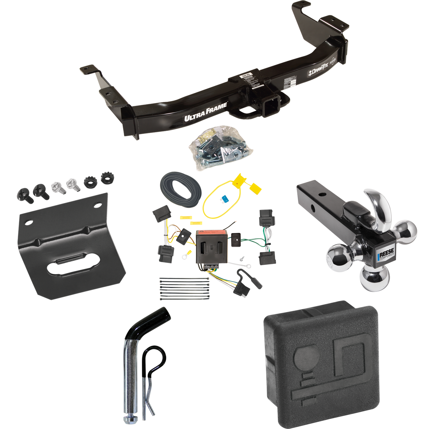 Fits 2009-2012 Ford E-350 Econoline Super Duty Trailer Hitch Tow PKG w/ 4-Flat Wiring Harness + Triple Ball Ball Mount 1-7/8" & 2" & 2-5/16" Trailer Balls w/ Tow Hook + Pin/Clip + Hitch Cover + Wiring Bracket (For (Prepped Class II Tow Package) Model