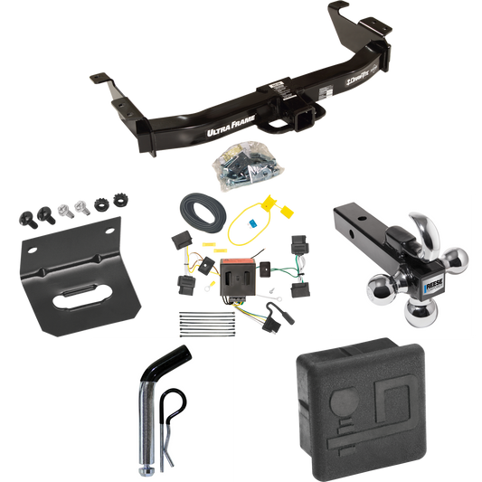 Fits 2009-2012 Ford E-350 Econoline Super Duty Trailer Hitch Tow PKG w/ 4-Flat Wiring Harness + Triple Ball Ball Mount 1-7/8" & 2" & 2-5/16" Trailer Balls w/ Tow Hook + Pin/Clip + Hitch Cover + Wiring Bracket (For (Prepped Class II Tow Package) Model