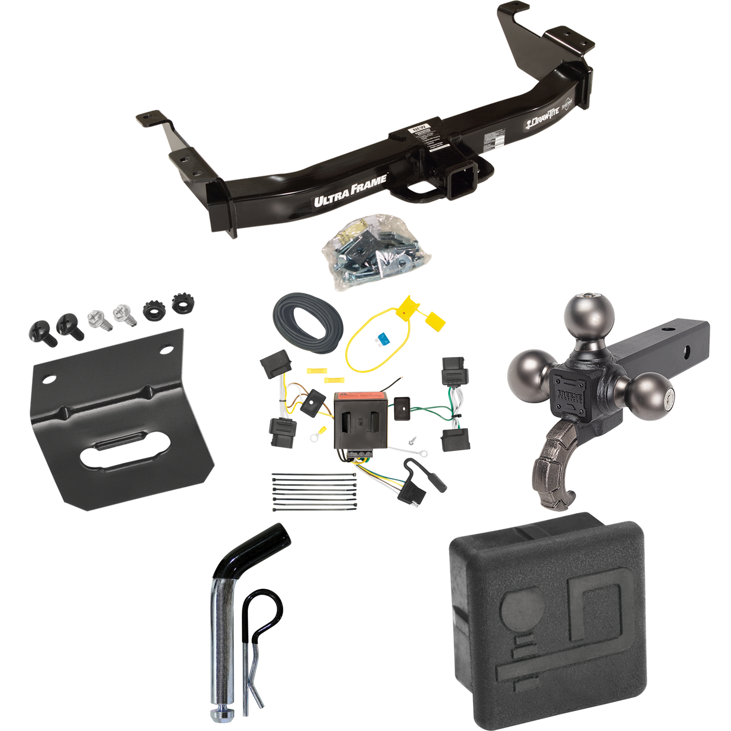 Fits 2008-2014 Ford E-350 Econoline Super Duty Trailer Hitch Tow PKG w/ 4-Flat Wiring Harness + Triple Ball Ball Mount 1-7/8" & 2" & 2-5/16" Trailer Balls w/ Tow Hook + Pin/Clip + Hitch Cover + Wiring Bracket By Draw-Tite