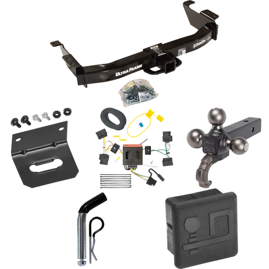 Fits 2008-2014 Ford E-350 Econoline Super Duty Trailer Hitch Tow PKG w/ 4-Flat Wiring Harness + Triple Ball Ball Mount 1-7/8" & 2" & 2-5/16" Trailer Balls w/ Tow Hook + Pin/Clip + Hitch Cover + Wiring Bracket By Draw-Tite