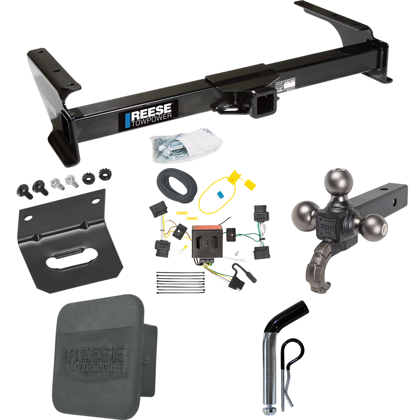 Fits 2008-2014 Ford E-350 Econoline Super Duty Trailer Hitch Tow PKG w/ 4-Flat Wiring Harness + Triple Ball Ball Mount 1-7/8" & 2" & 2-5/16" Trailer Balls w/ Tow Hook + Pin/Clip + Hitch Cover + Wiring Bracket By Reese Towpower