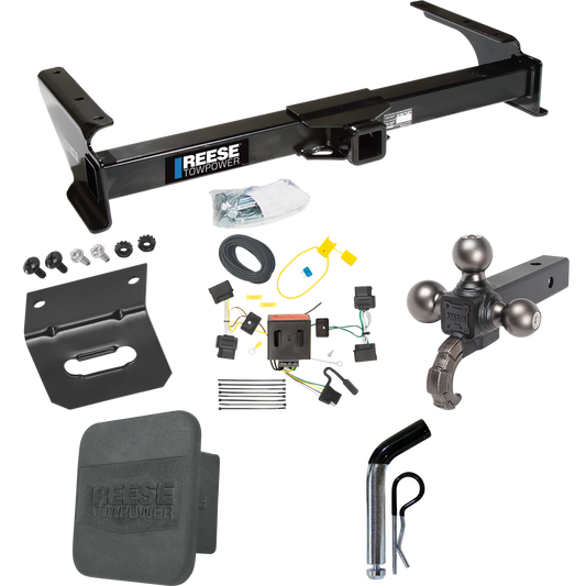 Fits 2008-2014 Ford E-350 Econoline Super Duty Trailer Hitch Tow PKG w/ 4-Flat Wiring Harness + Triple Ball Ball Mount 1-7/8" & 2" & 2-5/16" Trailer Balls w/ Tow Hook + Pin/Clip + Hitch Cover + Wiring Bracket By Reese Towpower