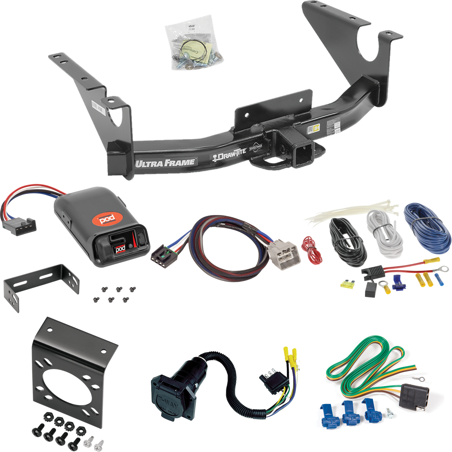 Fits 2011-2012 RAM 1500 Trailer Hitch Tow PKG w/ Pro Series POD Brake Control + Plug & Play BC Adapter + 7-Way RV Wiring By Draw-Tite