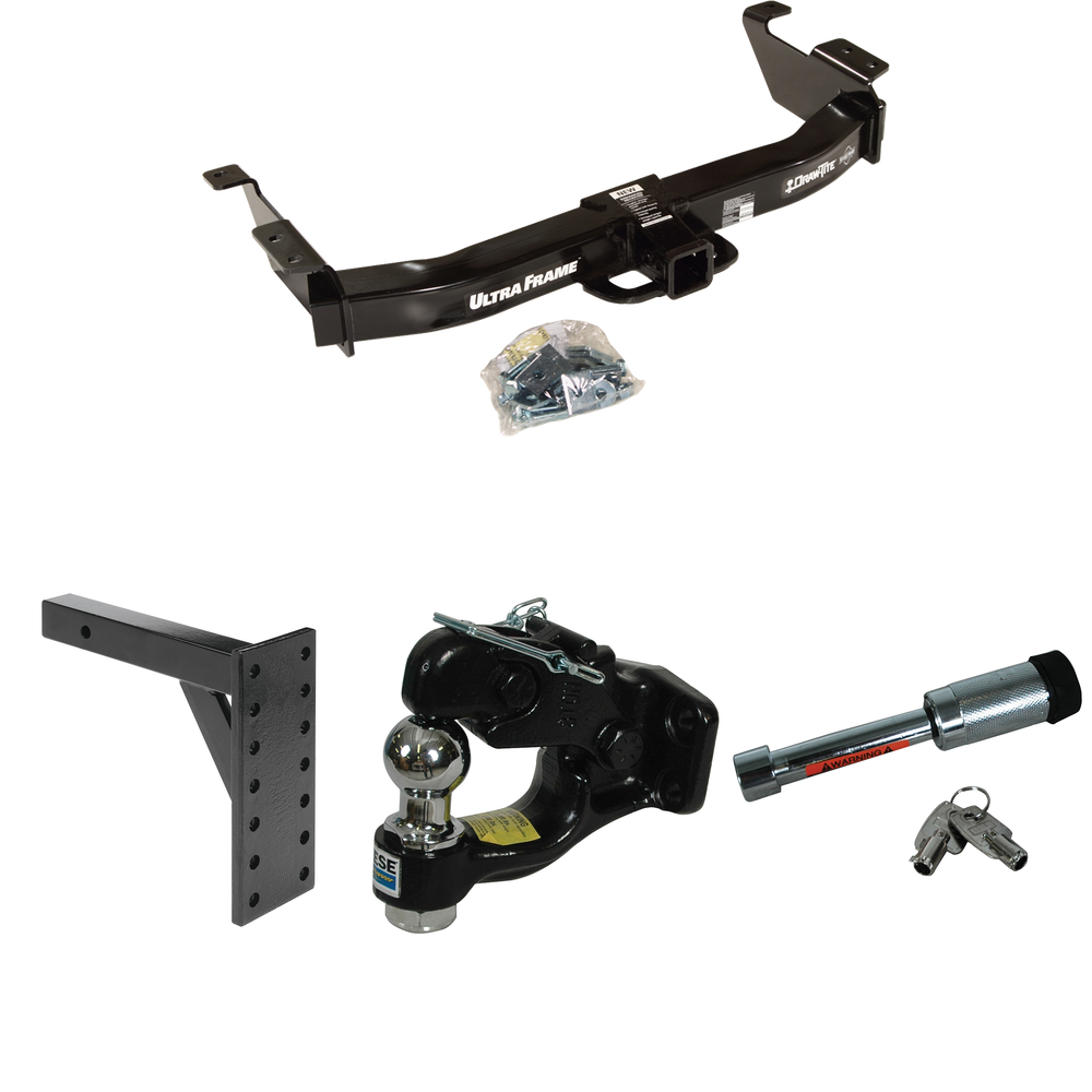 Fits 2003-2014 Ford E-350 Econoline Super Duty Trailer Hitch Tow PKG w/ 7 Hole Pintle Hook Mounting Plate + Pintle Hook & 1-7/8" Ball Combination + Hitch Lock By Draw-Tite