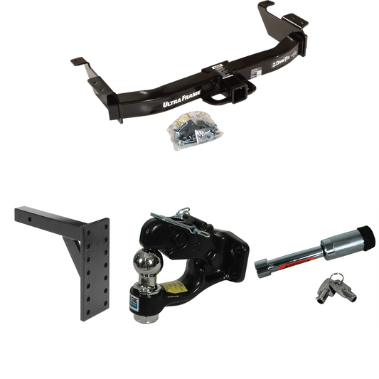 Fits 2009-2012 Ford E-350 Econoline Super Duty Trailer Hitch Tow PKG w/ 7 Hole Pintle Hook Mounting Plate + Pintle Hook & 1-7/8" Ball Combination + Hitch Lock (For (Prepped Class II Tow Package) Models) By Draw-Tite