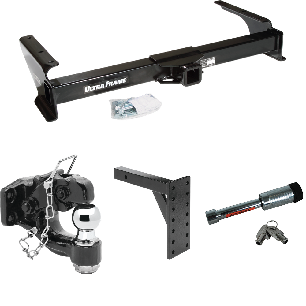 Fits 2009-2012 Ford E-150 Econoline Trailer Hitch Tow PKG w/ 7 Hole Pintle Hook Mounting Plate + Pintle Hook & 2" Ball Combination + Hitch Lock (For (Prepped Class II Tow Package) Models) By Draw-Tite