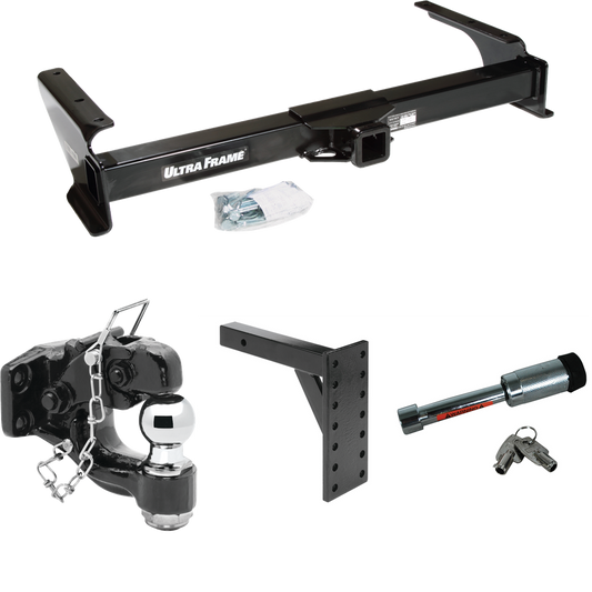 Fits 2009-2012 Ford E-150 Econoline Trailer Hitch Tow PKG w/ 7 Hole Pintle Hook Mounting Plate + Pintle Hook & 2" Ball Combination + Hitch Lock (For (Prepped Class II Tow Package) Models) By Draw-Tite