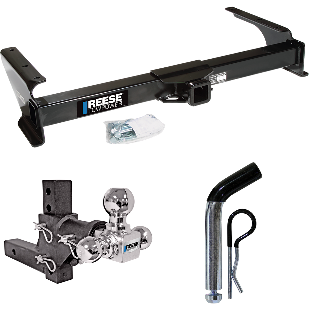 Fits 1992-2002 Ford E-350 Econoline Trailer Hitch Tow PKG w/ Adjustable Drop Rise Triple Ball Ball Mount 1-7/8" & 2" & 2-5/16" Trailer Balls + Pin/Clip By Reese Towpower