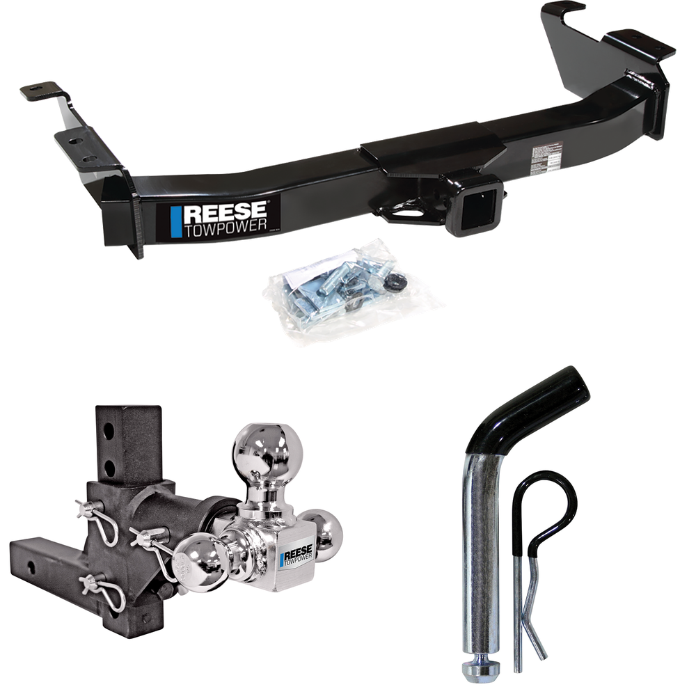 Fits 2009-2012 Ford E-150 Econoline Trailer Hitch Tow PKG w/ Adjustable Drop Rise Triple Ball Ball Mount 1-7/8" & 2" & 2-5/16" Trailer Balls + Pin/Clip (For (Prepped Class II Tow Package) Models) By Reese Towpower